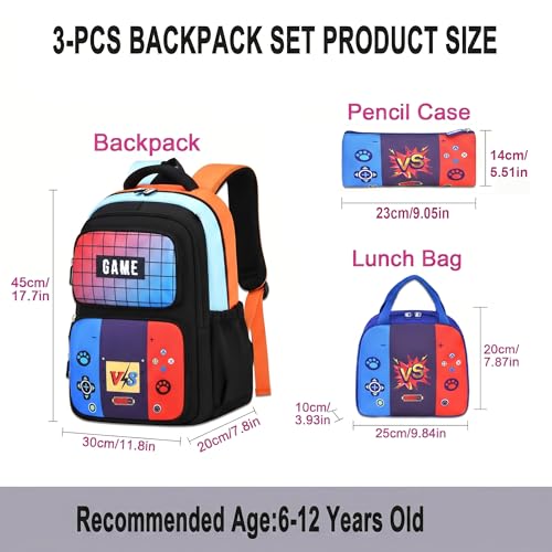 3PCS Kids Backpack Set, School Backpack with Lunch Bag & Pencil Case, Lightweight Waterproof Bookbag for Kids (Game Console) - color: Game Console
