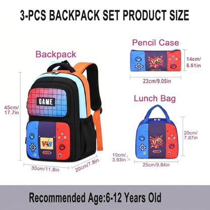 3PCS Kids Backpack Set, School Backpack with Lunch Bag & Pencil Case, Lightweight Waterproof Bookbag for Kids (Game Console) - color: Game Console
