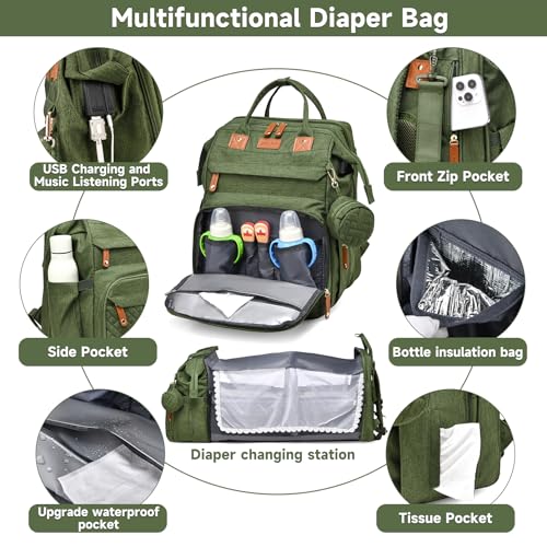 Baby Diaper Bags with Changing Station Multifunctional Waterproof Diaper Bag Backpack Travel Baby Bag with Changing Pad, Pacifier Case,Baby Essentials(Army Green) - color: Army Green