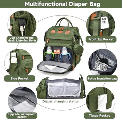 Baby Diaper Bags with Changing Station Multifunctional Waterproof Diaper Bag Backpack Travel Baby Bag with Changing Pad, Pacifier Case,Baby Essentials(Army Green) - color: Army Green