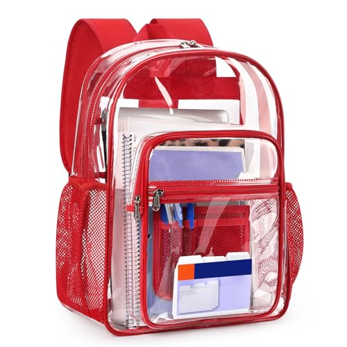 ZORFIN Clear Backpack Heavy Duty for School & Work – 17in Transparent PVC Bag with Large Capacity & Reinforced Straps – See Through Bookbag for Men, Women, Boys & Girls, Workplace Security - Red - color: Red, size: Medium