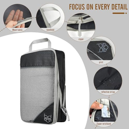 9-Set Packing Cubes with Hanging Bag | 9-Size Combination, Mesh Fabric & Reflective Stripe | Travel Luggage Organizers (Black) - color: Black