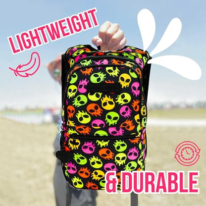 Kandies World Reflective Festival Hydration Pack - 2L Hydropack for Raves, Hiking, Biking, Running, and More (with Anti-Theft Pocket) - style: Skull Alien