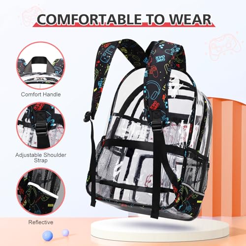 DIGOBAY 3PCS Cool Luminous Clear Backpack for Boys Kids, Gamer Clear Bookbag for School, See Through PVC Transparent Backpacks with Lunch Bag Pencil Case, Backpack Heavy Duty for School Stadium - color: Red
