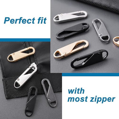 12 PCS Zipper Pull Replacement (Upgraded Metal Spring Design), Detachable Zipper Repair Tabs for Luggage, Backpacks, Jackets, Boots - 4 Colors (Black, Silver, Gold, Gray)