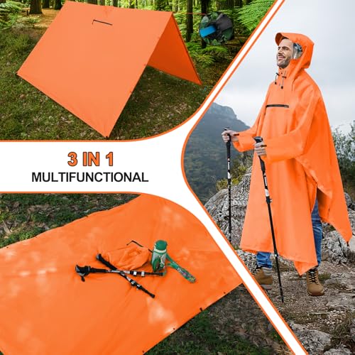 Andake Waterproof Rain Poncho for Adults Unisex,230T Ripstop Polyester,Raincoat Gear with Transparent Viewing Window Outdoors - color: Orange