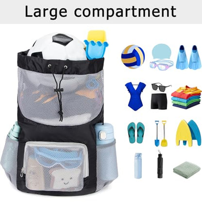 Swim Bag for Kids Mesh Beach Backpack for Boys Lightweight Drawstring Beach Bag Swimming Pool Sports Gym String Bag (Black) - color: Black