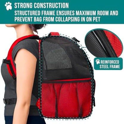 PetAmi Dog Backpack Carrier for Small Medium Dogs Large Cats up to 18 lbs, 2 Side Entry, Structured No-Collapse Frame, Airline Approved Ventilated Pet Backpack for Hiking Camping Travel Vet, Red - color: Red