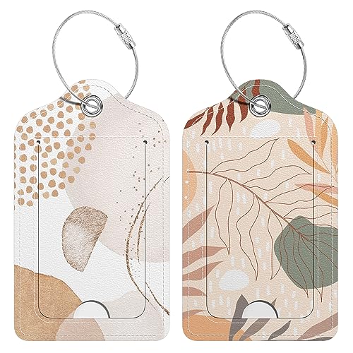 2 Pack PU Leather Luggage Tags for Suitcase, Travel Cruise Luggage Tag with Privacy Flap, Name ID Label and Metal Loop for Women Men Baggage Handbag School Bag Backpack, Modern Abstract Leaves - color: Modern Abstract Leaves, size: 2 Pack