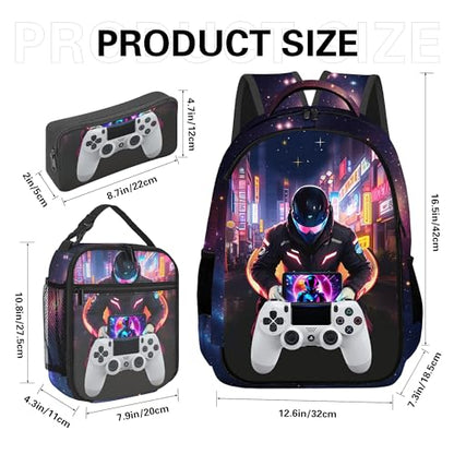 Boys Backpack with Lunch Box and Pencil Case, 3Pcs Gamer Backpack for Boys Teens, 17 Inch Large Capacity - color: GAME-MTWJ-9