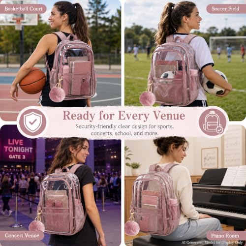 gxtvo Clear Backpack, Heavy Duty Transparent Bookbag, See Through Backpacks for Women Men | Heavy Duty - color: Chic Deep Pink Clear Backpack