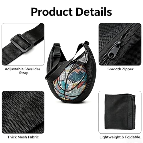 Mesh Sling Ball Bag, Portable Storage Net Bag Fits Soccer Basketball Volleyball, Adjustable Shoulder Sports Equipment Bags for Youth, Coaches, Gym Outdoor