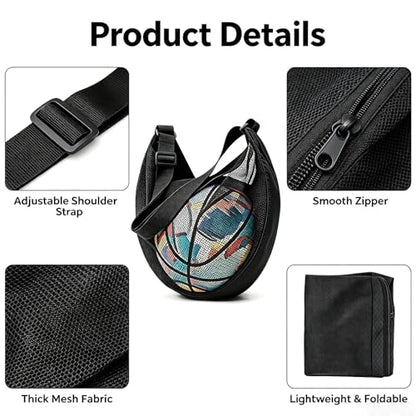 Mesh Sling Ball Bag, Portable Storage Net Bag Fits Soccer Basketball Volleyball, Adjustable Shoulder Sports Equipment Bags for Youth, Coaches, Gym Outdoor