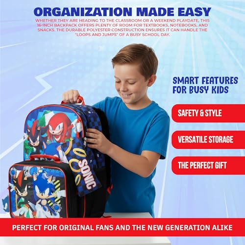 AI ACCESSORY INNOVATIONS Sonic the Hedgehog 5 PC Backpack Set for Girls & Boys, 16” Book Bag Featuring Sonic, Shadow, & Knuckles - color: Sonic, Shadow, & Knuckles