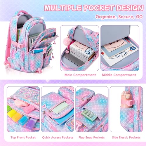 Girls Backpack,School Bag for Kids,Primary,Elementary,teen ages 6-15 Girls Bookbag,Students Kawaii Backpack Pink mermaid - color: Pink Mermaid