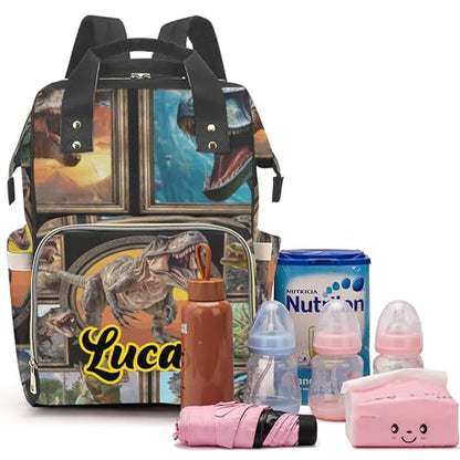 Customizable Large Capacity Diaper Bag Personalized Name, Black Color Dino Waterproof Multi-Function Mommy Bag with Thermal Pockets for Boys，Dinosaur - color: Dinosaur