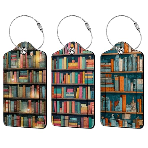 Bookshelf Luggage Tag 3 Pack Travel Cruise Luggage Tags for Suitcases, Suitcase Tags Identifiers Bag Tags with Privacy Flap, Baggage Name Tag for Women Men Luggage Backpack Handbag School Bag - color: Bookshelf