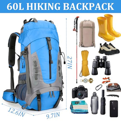 75L Hiking Backpack with Rain Cover Waterproof Camping Backpack Shoes Warehouse for Men Women, Frameless - color: Blue, size: 60L