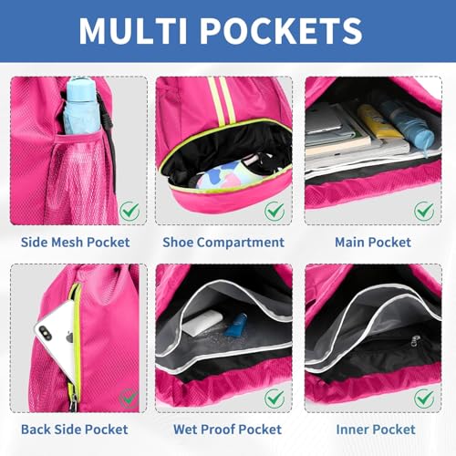 Drawstring Backpack Gym Bag with Shoe Compartment - Ideal for Basketball, Swimming, Beach Activities, Unisex - color: Rose Red