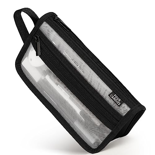 Four Candies Grid Mesh Pencil Case with Handle and Zipper, Clear Double-layer Pencil Pouch Marker Pouch, Travel Makeup Bag, Cute Transparent Stationary Organizer Pen Bag for Adult Office College - color: Black