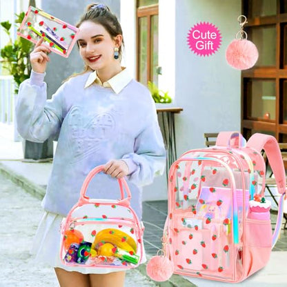 gxtvo 3PCS Clear Backpack for Girls Heavy-Duty Set for Women & Teen, 17" Pink Transparent Bookbag with Rainbow Strap, Cute Strawberry See Through School Bag - color: Pink Strawberry Clear Backpack Set