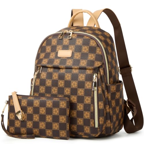 Makes Mini Backpack for Women, Stylish Daypack Purse Handbag Small Casual Daily Travel Bag, Lady Girls Gifts for Work School, 2pcs Sets - color: Checkered Coffee