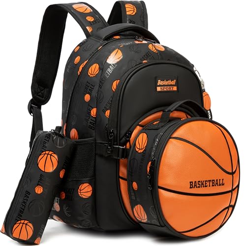 Boys' School Backpack with Lunch Box and Pencil Case - Ideal for Teens and Middle School Students, Orange Basketball - color: 08 Orange