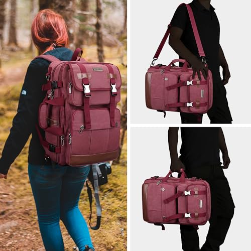 WITZMAN Canvas Travel Backpack for Women Large Laptop Backpack Fit 16 inch Carry-on Airline Approved Convertible Shoulder Rucksack(A6617-3 Red) - color: Red