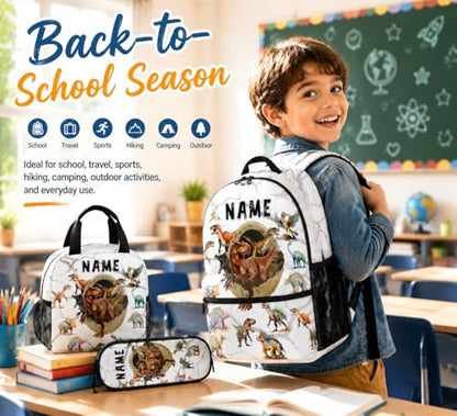 Boys Dinosaur Backpacks Custom Toddler Backpack with Lunch Box Set, 17 Inch Personalized Kids Bookbag for Preschool Kindergarten Elementary Dinosaur-Themed School Bag - color: White