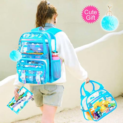 KLFVB Clear Backpack Heavy Duty, 3PCS Girls See Through School Bag Set, Cute Transparent Bookbag for Women - Cloud Cat Blue - color: Cloud Cat Blue Clear Backpack