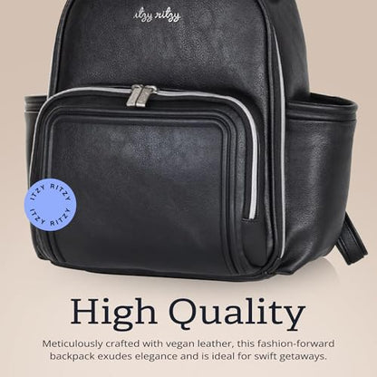 Itzy Ritzy Mini Diaper Bag Backpack – Chic, Compact Mini Plus Backpack with Changing Pad, 10 Pockets (6 Internal, 4 External), Grab-Top Handle & Rubber Feet (Black w/Silver Hardware) - color: Black With Silver Hardware - Plus