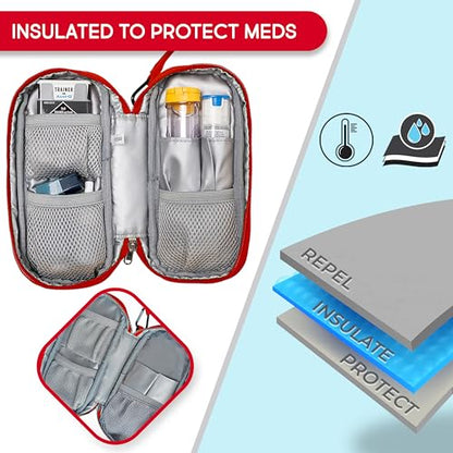 PracMedic Bags Epi Pens Carrying Case- Insulated Epipen Carry Case (Red) | Holds 2 Epi Pens, Auvi-Q or Neffy, Inhaler & Antihistamine. Medical Case for Allergy, Asthma & Diabetes Medicines. - color: Red