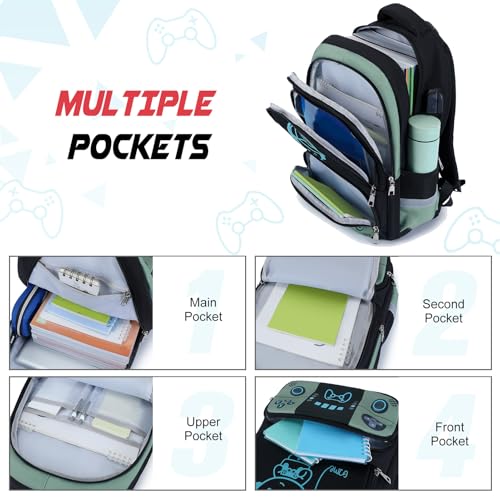 Bevalsa Backpack for School Boys, Cool Luminous Gamer Boys Schoolbag with Lunch Box & Pencil Case Set for Kids Teens Elementary Middle School, Bookbag Glow In The Dark(Green Backpack) - color: Green, style: Backpack