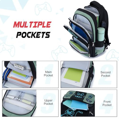 Bevalsa Backpack for School Boys, Cool Luminous Gamer Boys Schoolbag with Lunch Box & Pencil Case Set for Kids Teens Elementary Middle School, Bookbag Glow In The Dark(Green Backpack) - color: Green, style: Backpack