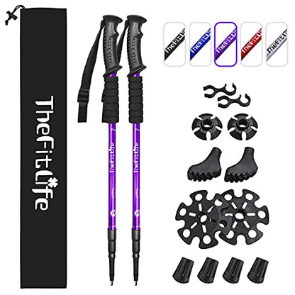 TheFitLife Nordic Walking Trekking Poles - 2 Sticks with Anti-Shock and Quick Lock System, Telescopic, Collapsible, Ultralight for Hiking, Camping, Mountaining, Backpacking, Walking, Trekking - color: Purple