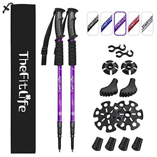 TheFitLife Nordic Walking Trekking Poles - 2 Sticks with Anti-Shock and Quick Lock System, Telescopic, Collapsible, Ultralight for Hiking, Camping, Mountaining, Backpacking, Walking, Trekking - color: Purple