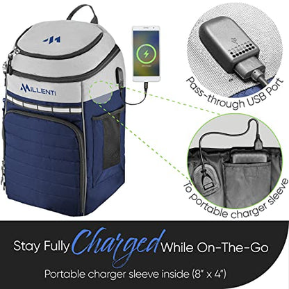 Millenti Backpacks Basketball Soccer Backpack - with Ball Compartment, Travel College Sports Bag and 13” Laptop Sleeve, 27L (White) - color: White