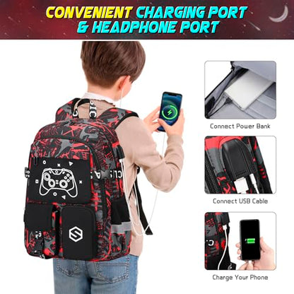 Scothen Boys Backpack, Cool Luminous School Backpacks for Boys with Lunch Bag Pencil Case, Kids Backpack Kindergarten Elementary Middle School Book Bags for Teen Boy Children with USB Charging Port - color: Black-red