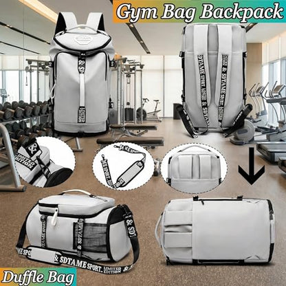 Gym Duffle Bag Backpack with Shoe Compartment,4 ways Travel Backpack for Women and Men,Multi-Functional Weekender bag with Waterproof Layer&Laptop Compartment for Fitness, Travel,Camping - color: Grey
