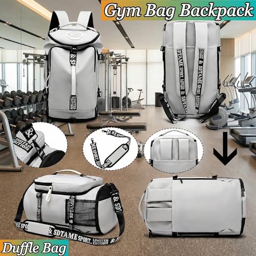 Gym Duffle Bag Backpack with Shoe Compartment,4 ways Travel Backpack for Women and Men,Multi-Functional Weekender bag with Waterproof Layer&Laptop Compartment for Fitness, Travel,Camping - color: Grey
