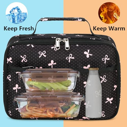 LEDAOU Lunch Box Kids Insulated Lunch Bag Girls Toddler Reusable Lunchbox for School Picnic Hiking (Black-Pink Bow) - color: Black bow tie