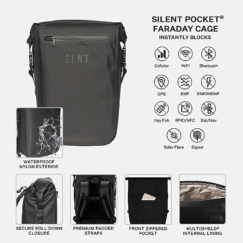 Silent Pocket SLNT Faraday Waterproof Backpack Signal Blocking Dry Bag Protects Against Identity Theft for Work, Travel, Hiking - Blocks RFID, WiFi, Bluetooth, NFC, Cellular, GPS, EMF - size: 20L