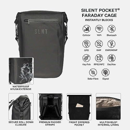 Silent Pocket SLNT Faraday Waterproof Backpack Signal Blocking Dry Bag Protects Against Identity Theft for Work, Travel, Hiking - Blocks RFID, WiFi, Bluetooth, NFC, Cellular, GPS, EMF - size: 20L