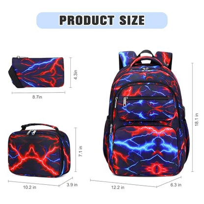 Bevalsa Backpack for Boys, Lightning School Bags with Lunch Bag & Pen Case for Kids, Bookbag for Boys Teens Elementary Middle High School - color: Red Blue