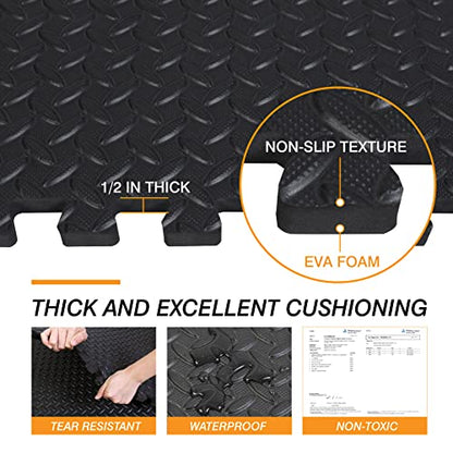 TCE AUPM001BK Interlocking Foam Mat Protective Exercise Workout Puzzle Floor Mat Tiles for Home Gym Equipment - 6 Pieces, 24 Square feet, Black - color: Black