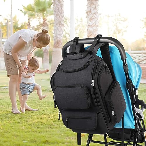 Mancro Diaper Bag Backpack, Multifunctional Dad Diaper Bag with 2 Side Insulated Pockets, Travel Water Resistant Baby Diaper Backpack for Men Women with Stroller Straps, Black - color: Black, size: Large