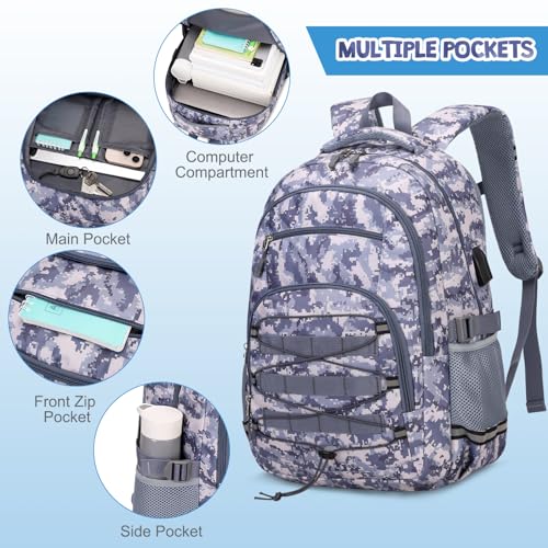 ACESAK Camo Backpack for Boys, Tactical Kids Backpack Boys, School Bags for Boy Children Teens Kids Elementary Middle High School, Military Bookbag and Lunch Bag Pencil Case Set with USB Charging Port - color: Grey Camo