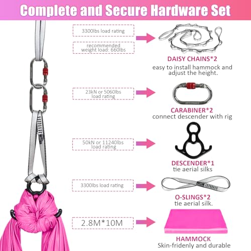 Aerial Silks Kit & Aerial Yoga Hammock - 11Yd Premium Fabric with Hardware - Easy Setup for Flying Yoga, Aerial Swing & Fitness - Supports Up to 14ft Rigging - color: Hot Pink