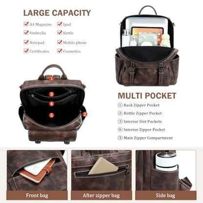AGLOD Backpack Purse for Women PU Leather Back Packs Designer Ladies Shoulder Bag Fashion Faux Work Travel Handbags - color: Two-toned Coffee