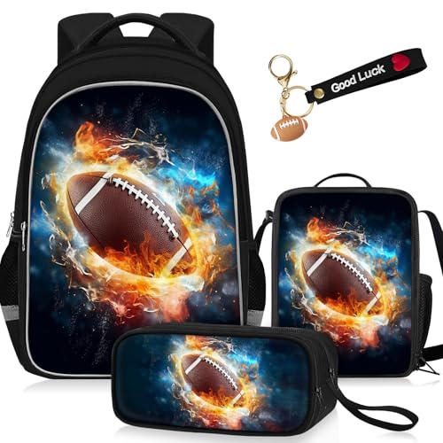 School Backpack for Boys - 4pcs Ameriacn Football Boys Backpack with Lunch Box and Pencil Case for Kids Children Teens Elementary Middle School - Students Bag for Ages 6-18,17″Bookbag Travel Back Pack - color: American Football-04-backpack Set